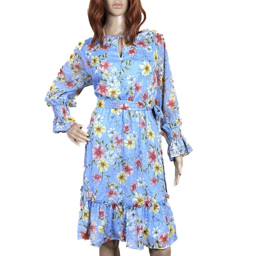Calvin Klein Floral Cottagecore Crepe Tie Waist Ruffle Midi A-Line Size 14 NWOT‎